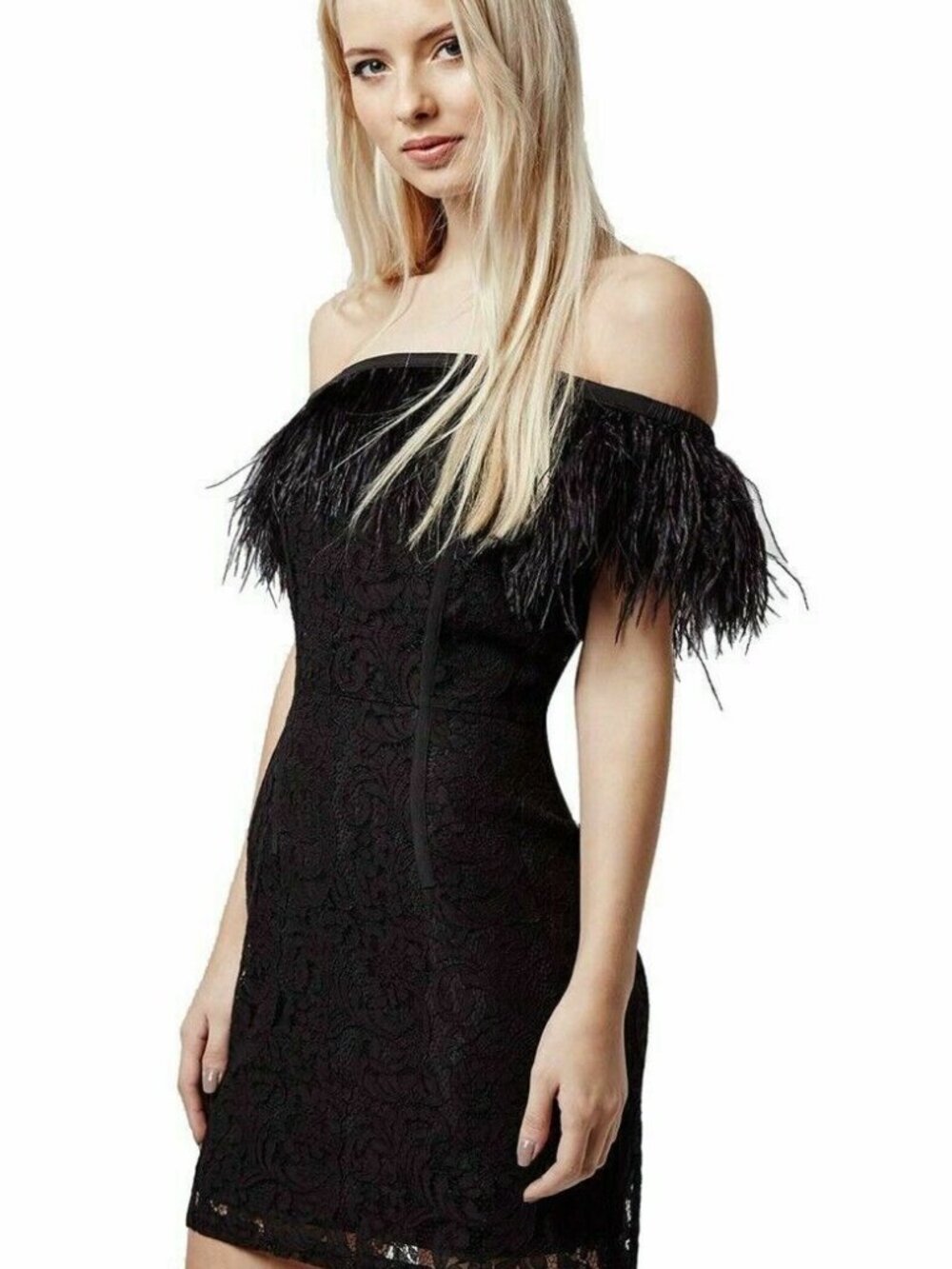 TOPSHOP~Off The Shoulder Lace Ostrich Feather BLACK MINI DRESS Sz 8 NWT